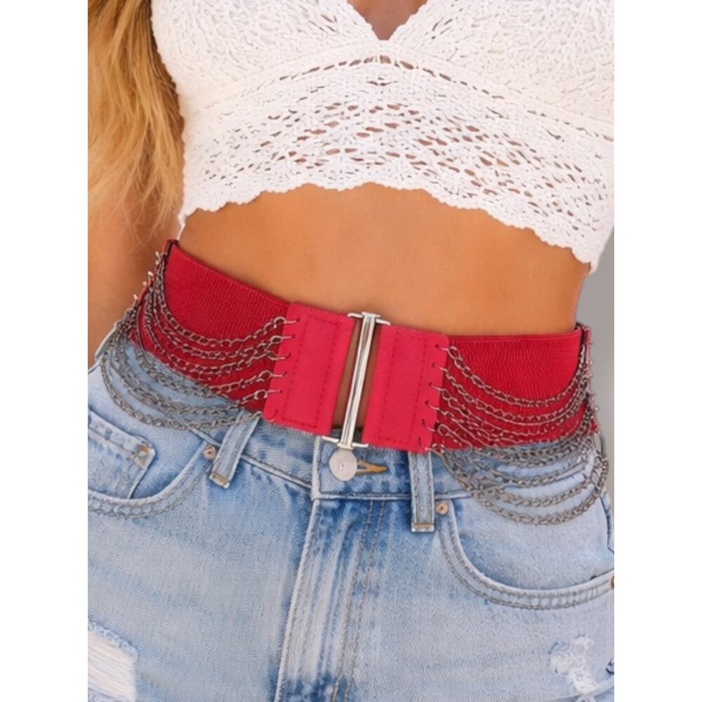 Vintage Y2K Red Leather Layered Chain Belt Festival‎ Statement Edgy Accessory